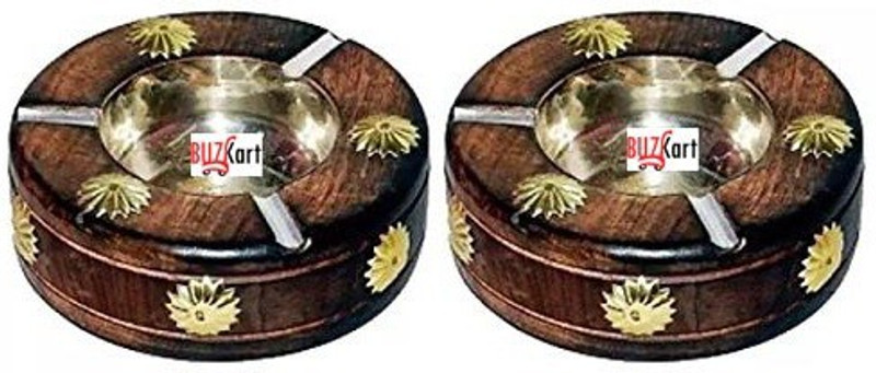 buzykart Premium Quality Antique Hand Carved Round (Set Of 2) Brown Wood Ashtray(Pack of 2)