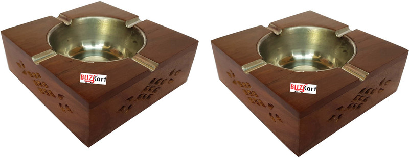 buzykart Premium Quality Antique Hand Carved Square (Set Of 2) Brown Wood Ashtray(Pack of 2)