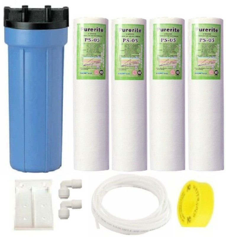 balrama 1/4inch Connection Prefilter Bowl Blue 10inch Commercial Pre Filter Housing Set Sediment Dust Filter for High Water Pressure with Spun PP Candle + 1/4" QC x 1/2" Thread Elbow Connectors +1/4" Pipe + Teflon Tape for RO UV UF Mineral Water Purifiers Solid Filter Cartridge(0, Pack of 9)