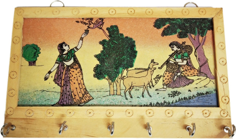 ramani Ramani Handicraft Wooden Wall Decor Rajasthani 6 Hook Key Hanger Wood Key Holder(6 Hooks, Brown)