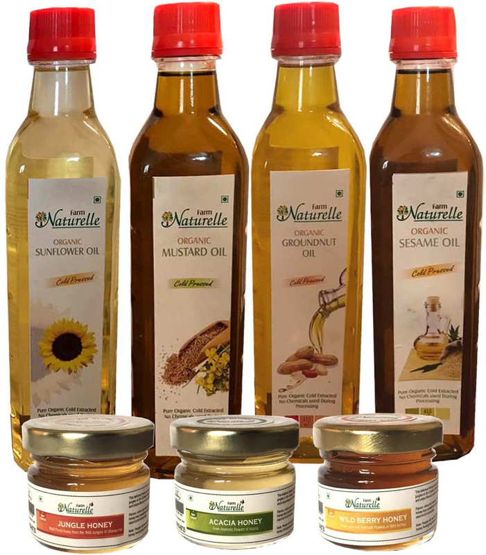 Farm Naturelle 4 Oils Organic Cold Pressed Virgin (Kachi Ghani) Mustard Oil, Groundnut Oil (Peanut Oil), Sunflower Oil (Sun Flower Oil), Black Sesame Seed Oil (Gingelly/ Til Oil)(415ml x 4) with Free 3x40 Gms Raw Forest honey varieties Combo(4)
