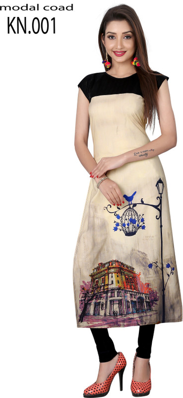 knkabha Casual Printed Women Kurti(Black, Beige)