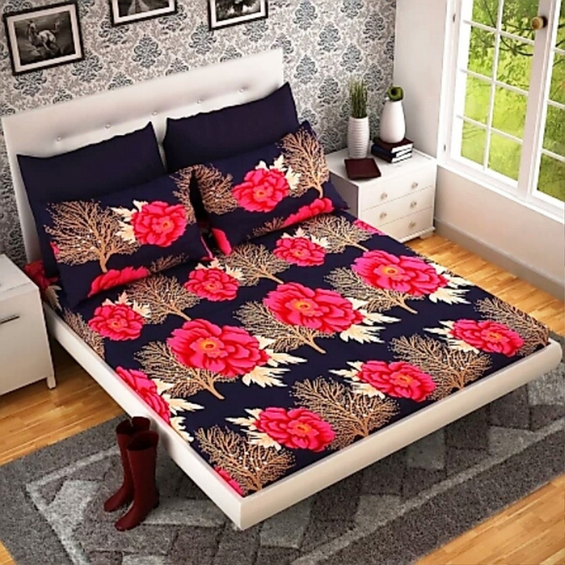 bees bliss 144 TC Polycotton, Cotton Double Floral Bedsheet(Pack of 1, Blue)