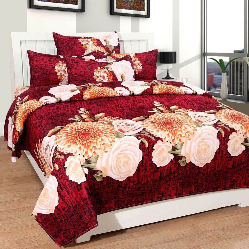 urban home 200 TC Silk Double Floral Bedsheet(Pack of 1, Multicolor, Red)