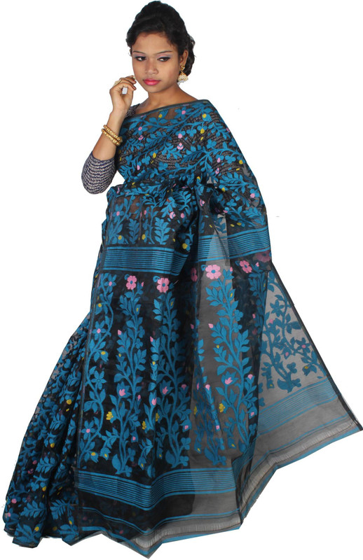 ar shop Woven Jamdani Cotton Silk Saree(Blue)
