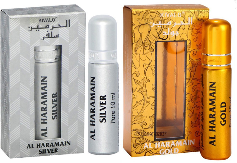 Kivalo Haramain Pure Original Silver & Gold Fragrance Roll On Attar Combo Pack of 2 x 10 ml For Women Floral Attar(Amber)