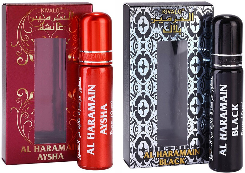 Kivalo Haramain Pure Original Aysha & Black Fragrance Roll On Attar Combo Pack of 2 x 10 ml For Men Floral Attar(Sandalwood)