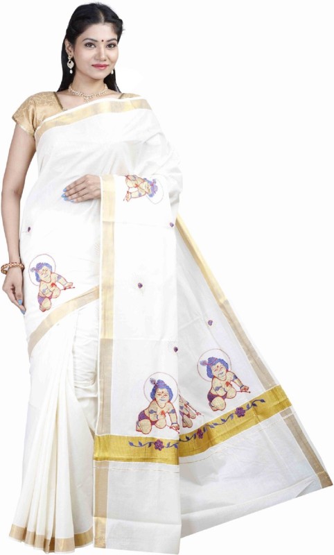 Selvamani Tex Printed Kasavu Cotton Blend Saree(White)