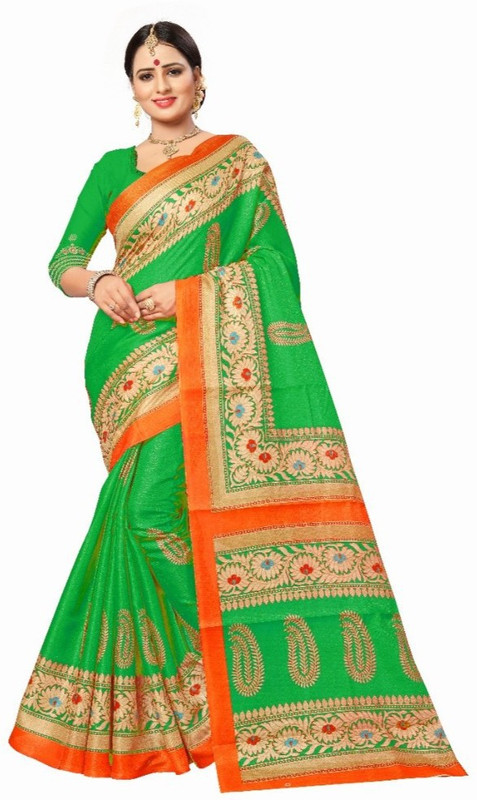 kirz web store Printed Bhagalpuri Cotton Blend Saree(Green)