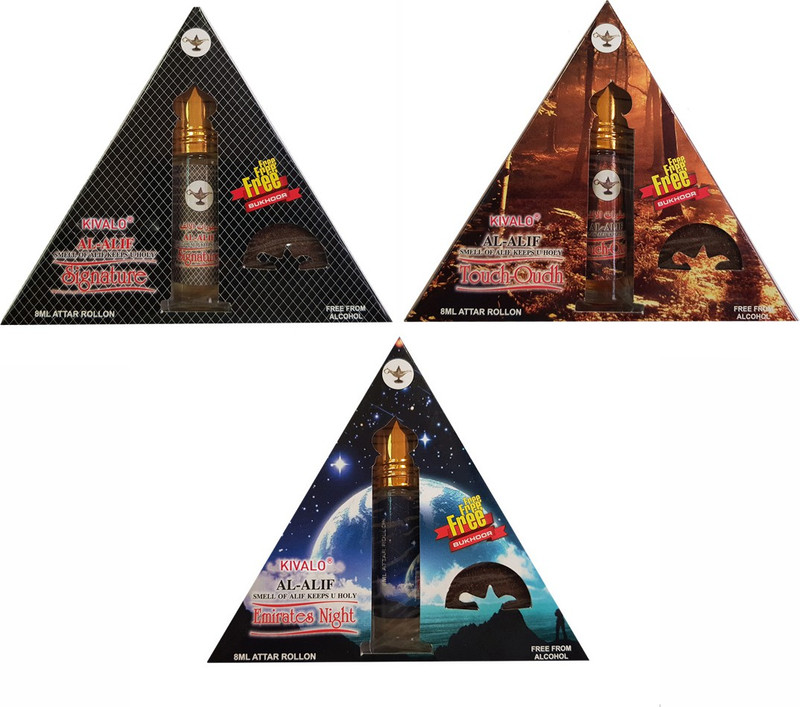 Kivalo Ⓡ Pure Original Signature, Touch-Oudh & Emirates Night Roll On Attar Pack of 3 x 8 ml with Free 3 x 10 g Bukhoor Coin Floral Attar(Musk)