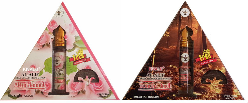 Kivalo Ⓡ Pure Original Attar Jannat & Touch-Oudh Roll On Attar Pack of 2 x 8 ml with Free 2 x 10 g Bukhoor Coin Floral Attar(Musk)