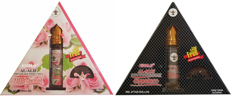 Kivalo Ⓡ Pure Original Attar Jannat & Signature Roll On Attar Pack of 2 x 8 ml with Free 2 x 10 g Bukhoor Coin Floral Attar(Musk)