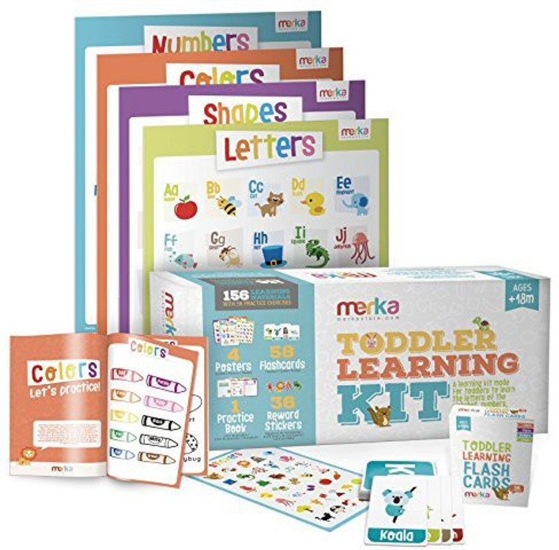 merka Toddler Learning Kit Includes 4 Posters, 58 Flashcards, 58 Practice Book Exercises And 36 Reward Stickers - Learn Letters, Colors, Shapes And Numbers