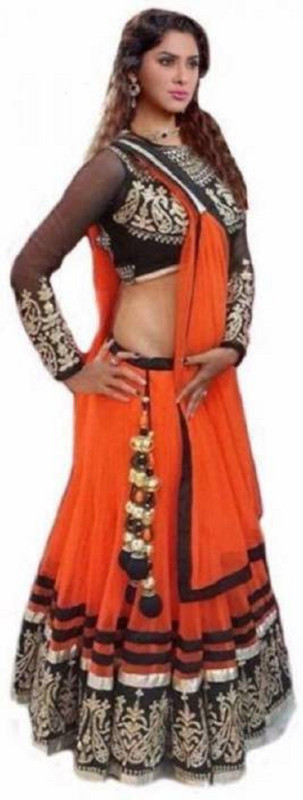 tanvi fashion Embroidered Semi Stitched Lehenga, Choli and Dupatta Set(Orange)
