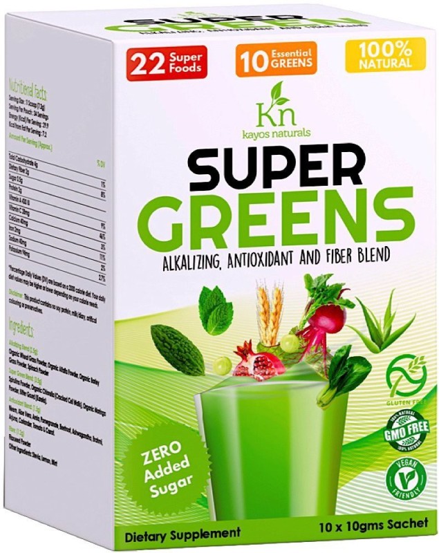 KayosNaturals Daily SuperGreens Superfood Vegetable and Fruits Powder tion with  Spirulina, Wheatgrass, Chlorella, Moringa, Neem, Karela & other Alkalizing, Anti-Oxidant & Fiber - (100g = 10x10g Sachet)(100 g)