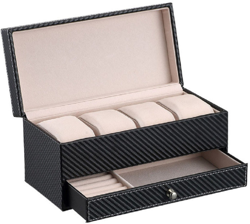 medetai 4Grids CF Rectangle leather watch Box Jewelry Box with drawer make up organizer watch jewelry Casket storage box Watch Box(Black, Holds 4 Watches)