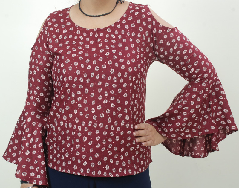 sheego Formal Full Sleeve, Bell Sleeve Stylised Women Maroon Top