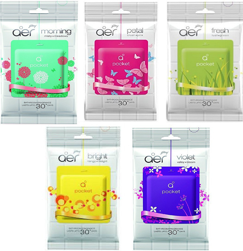 godrej aer pocket 10 g eacg (pack of 5 ), Fresh Lush Green, Morning Misty Meadows, Bright Tangy Delight, Violet Valley Bloom, Petal Crush Pink Blocks (Pack of 5)(50 g)