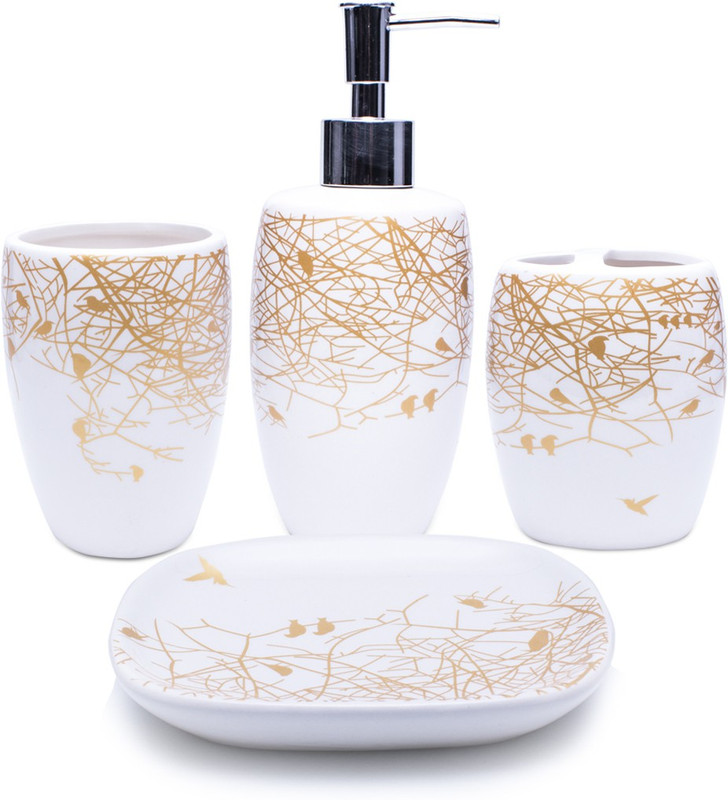 mcqualmi 4-Piece Ceramic Bathroom Accessory- Modern Exotic Bathroom Set with Soap Dispenser, Tumbler, Toothbrush Holder and Soap Dish Ceramic Bathroom Set(Pack of 4)