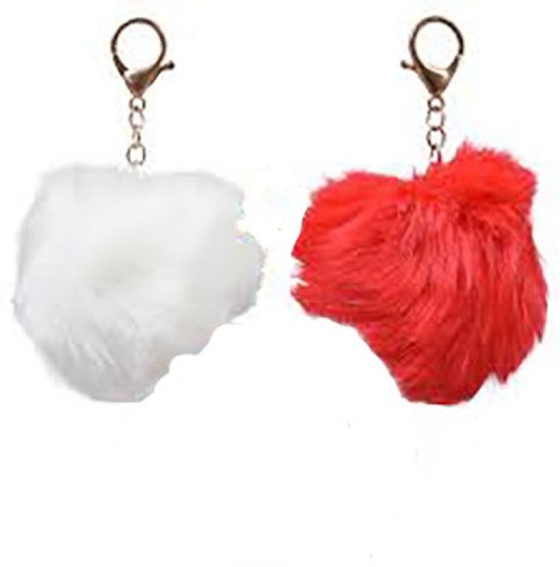 laxmi Red & White Fur Pom Pom (combo of 2) Key Chain