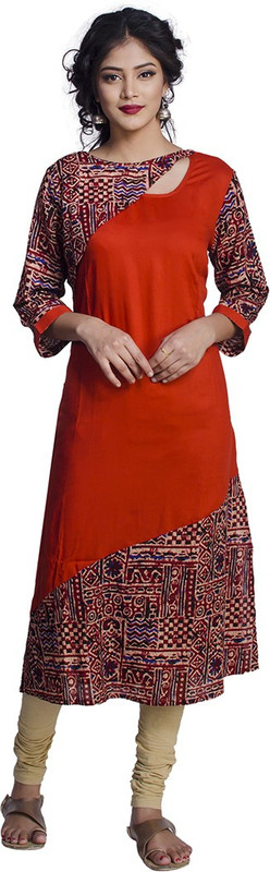 de global citizen Festive & Party Block Print Women Kurti(Orange)