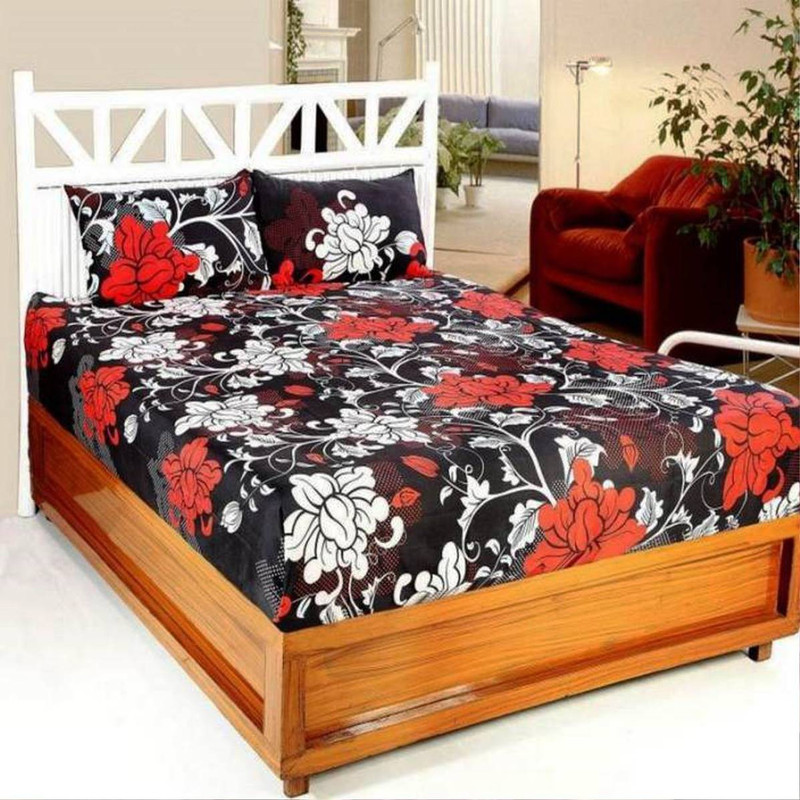 bees bliss 144 TC Polycotton, Cotton Double Floral Bedsheet(Pack of 1, Black)