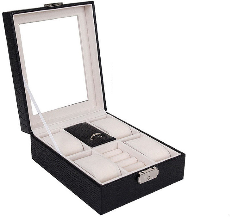 medetai Women Gift Watch/Ring 4+2 Grids Hour Box Home Case Colorful Leather Window Case Luxury Brand Watch/Jewelry/Bracelet Organizers Watch Box(Black, Holds 4 Watches)