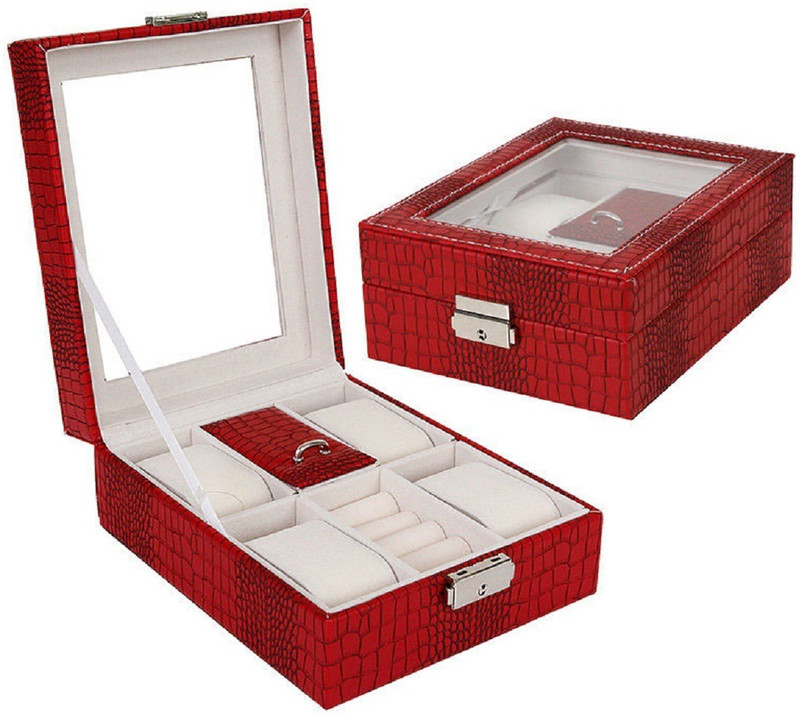 medetai Women Gift Watch/Ring 4+2 Grids Hour Box Home Case Colorful Leather Window Case Luxury Brand Watch/Jewelry/Bracelet Organizers Watch Box(Red, Holds 4 Watches)