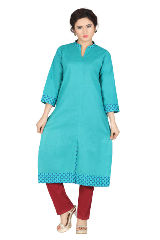 geloven india Women Solid Frontslit Kurta(Blue)