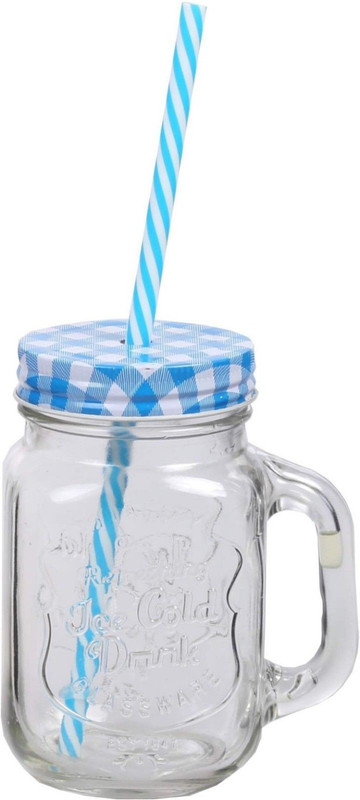 kosh Jar With Blue Lid and Straw Glass Mug(450 ml, Pack of 3)