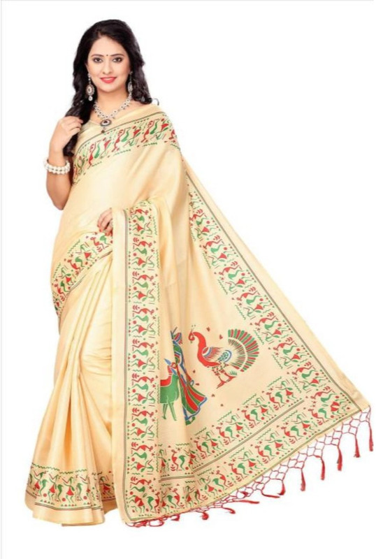 kirz web store Printed Kalamkari Cotton Blend Saree(Cream)