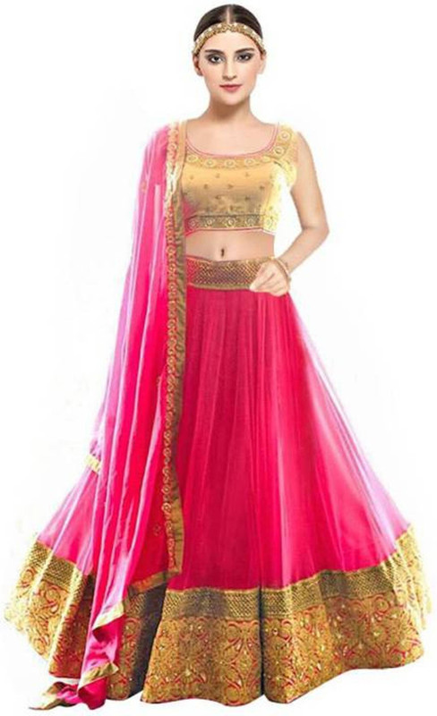 shiv fashion Embroidered Semi Stitched Lehenga, Choli and Dupatta Set(Pink, Beige)