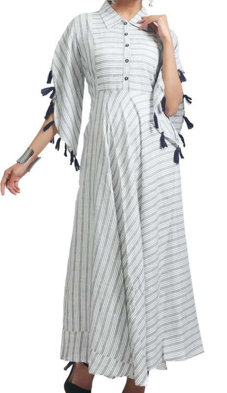 ehandloom Casual Striped Women Kurti(Grey)