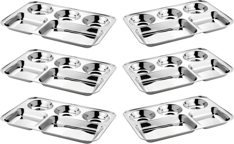 LIMETRO STEEL Stainless Steel Rectangular Bhojan / Lunch / Dinner Set Sectioned Plate(Pack of 6)