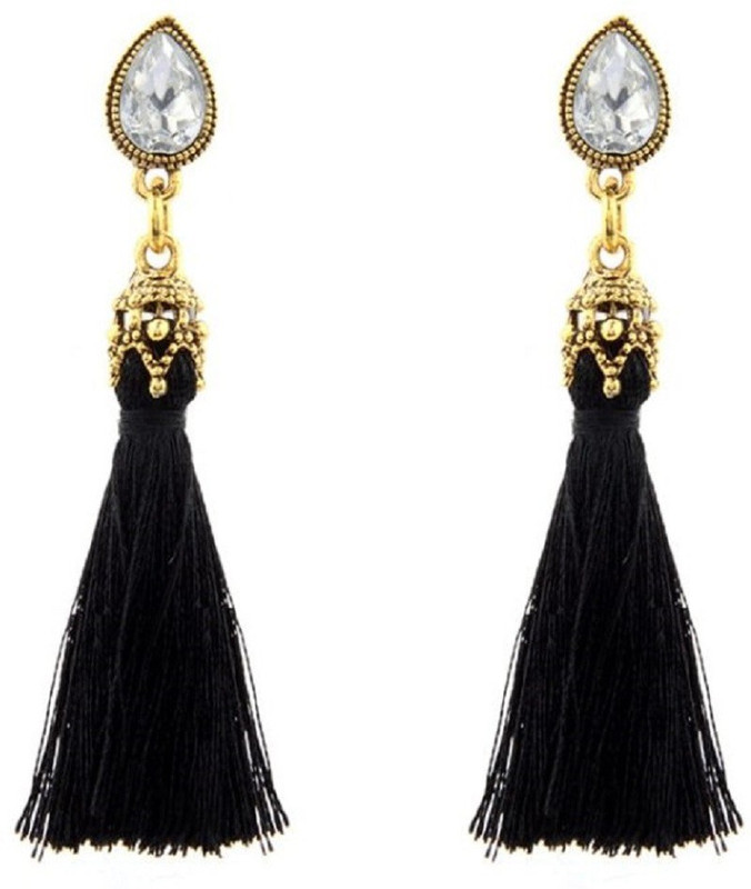 FemNmas Elegant Stone Studded Black Thread Tassel Party Earrings For Girls & Women Alloy Tassel Earring