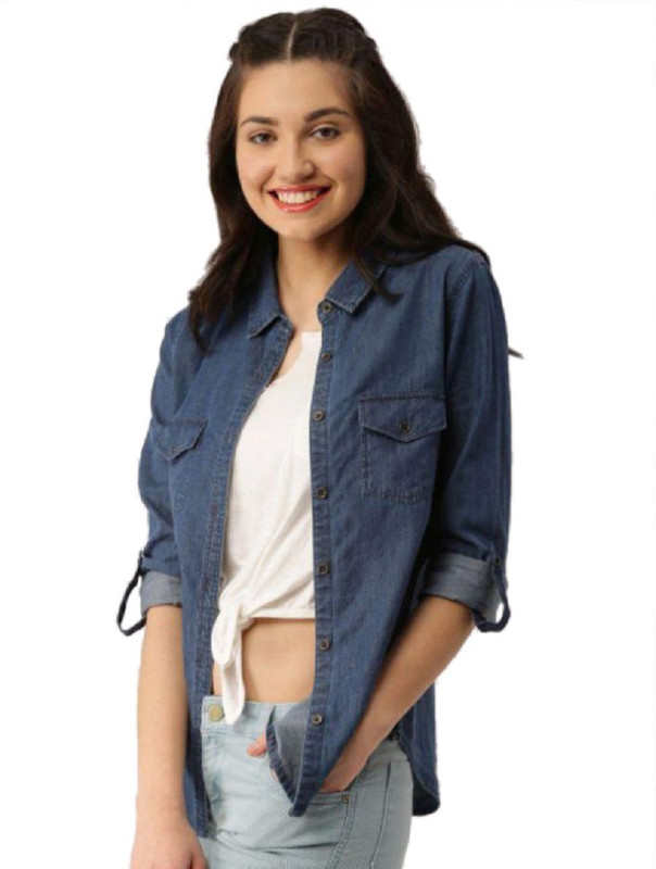 clothvilla Women Solid Casual Blue Shirt