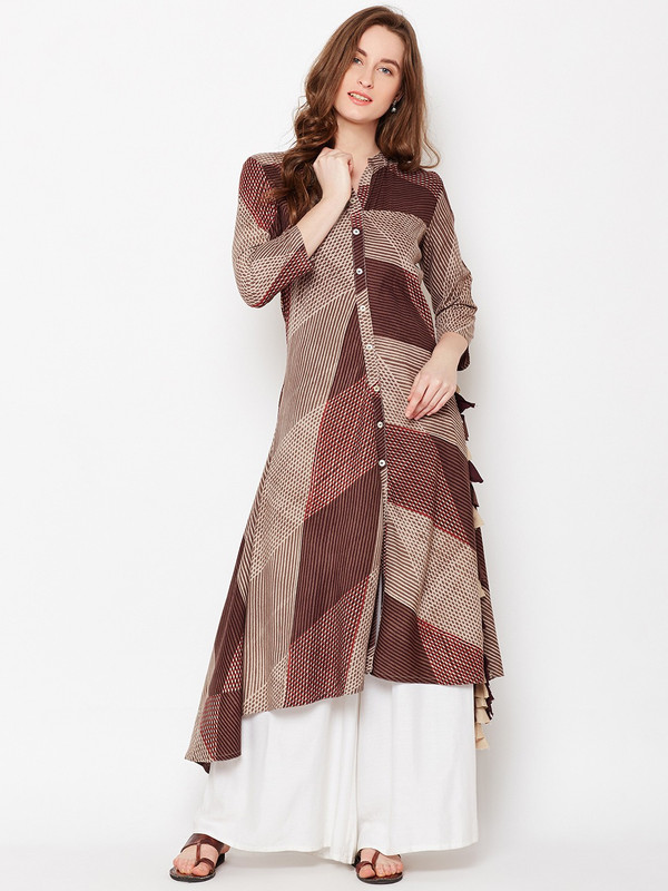 Buy Anaisa Women Geometric Print Flared Kurta Brown Beige Online