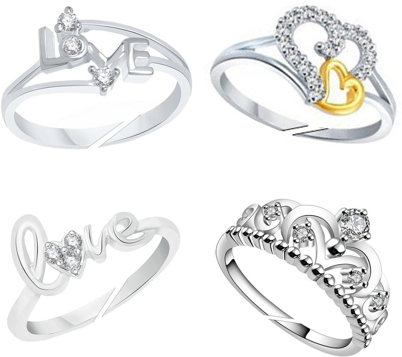 jewellery for women Jewellery For Women Love , Heart & Crown Four Combo Silver Platinum Adjustable Finger Rings For Girls & Women's (Free Size) Alloy Cubic Zirconia Platinum, Silver Plated Ring
