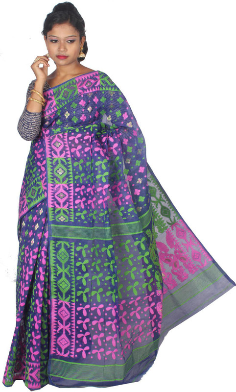 ar shop Woven Jamdani Cotton Silk Saree(Blue)