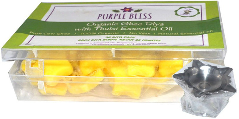 purplebliss Insta Pure Ghee Diya with Tulsi Essential Oil (30 Nos.) - Steel Diya holder included Cotton (Pack of 30) Table Diya Set(Height: 0.5 inch)