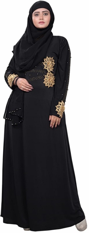Reya Abaya_20 Lycra Blend Self Design Abaya With Hijab(Black)