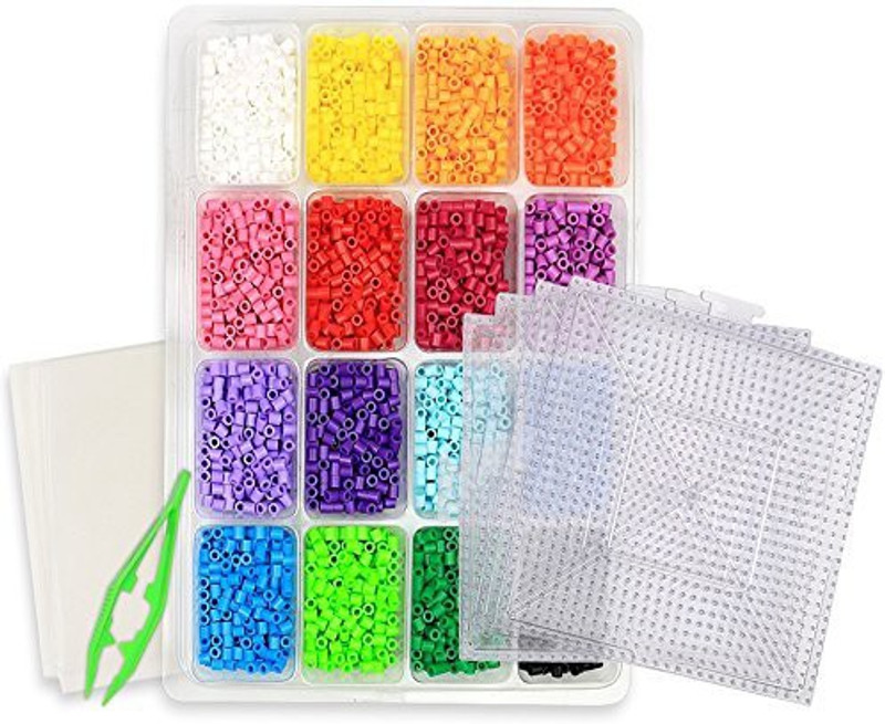 kedudes Perler Beads Kit - Tray Of 16 Fun Color Perler Fuse Beads (4000 Beads) With Four Clear Square Pegboard Set Plus A Bead Tweezers