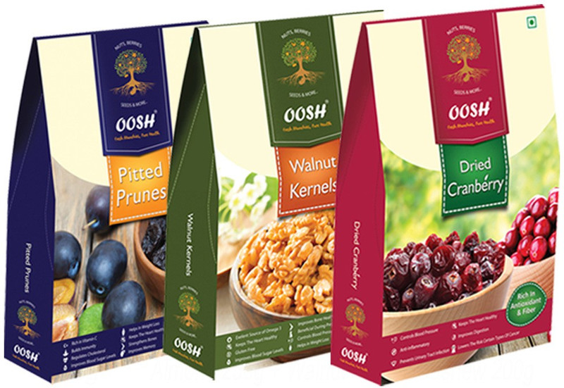 Oosh Premium California Walnuts 200g, Whole Dried Cranberry 250g & Pitted Prunes 250g | Premium Gift Box Dry Fruits Walnuts, Cranberries, Prunes(3 x 233.33 g)