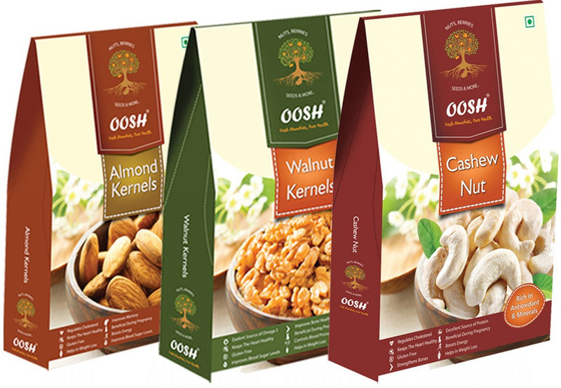 Oosh Premium California Walnuts 200g, Plain California Almonds 250g & Plain Cashew 200g ( Size : W-240) | Premium Gift Box Dry Fruits Cashews, Walnuts, Almonds(3 x 216.67 g)