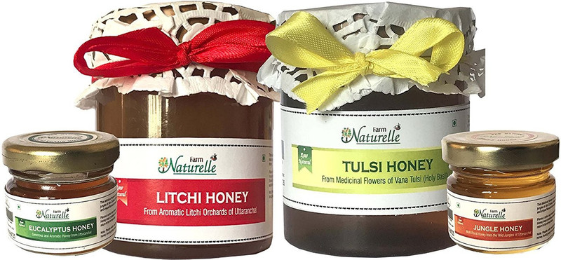 Farm Naturelle Farm Naturelle-(Pack of 2x250Gms+2x40 Gms other Forest Raw Honey) Forest-Vana Tulsi Flower Honey and Litchi Flower Honey Combo (High Medicinal value, Tasty and Aromatic) Combo(Pack of 2x250 gms and 2x 40 gm honey)