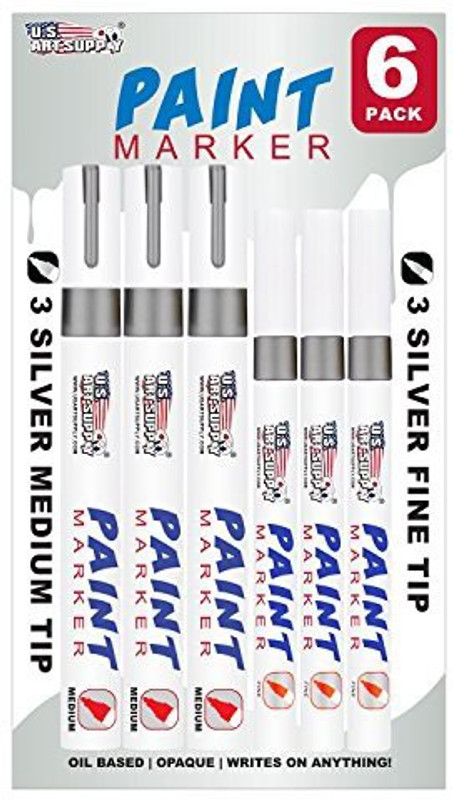 Us Art Supply U.S. Art Supply Set Of 6 Metallic Silver Oil Based Paint Pen Markers, 3 Medium And 3 Fine Point Tips - Permanent Ink That Works