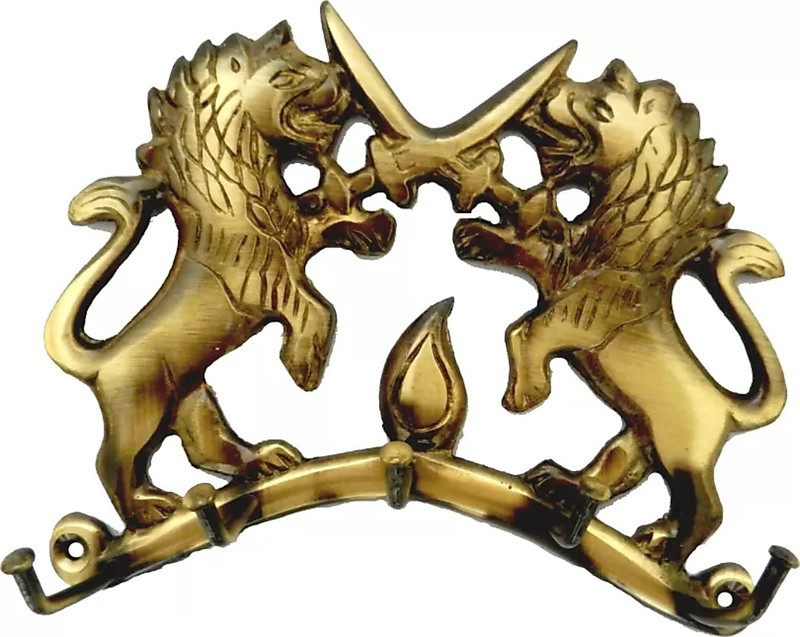 krishivcreation Two Fighting Lion with a Sword Vintage Style Wall Hook Brass Key Holder(5 Hooks)