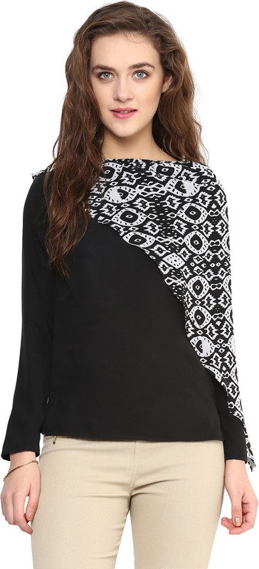 Uptownie Lite Casual Full Sleeve Printed Women Black Top