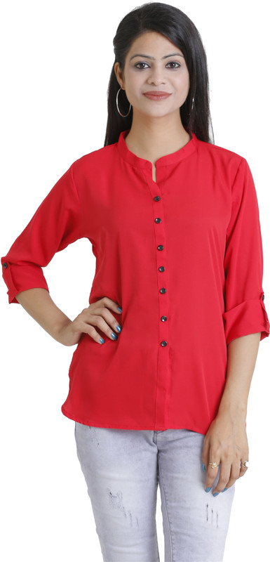club fashion Casual Roll-up Sleeve Solid Women Red Top