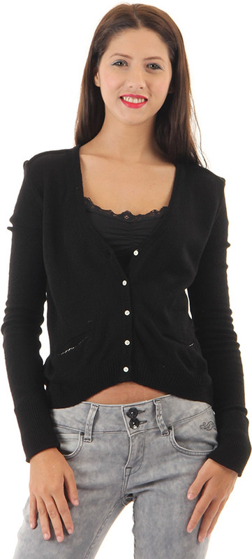 Pepe Jeans Solid V-neck Casual Women Black Sweater